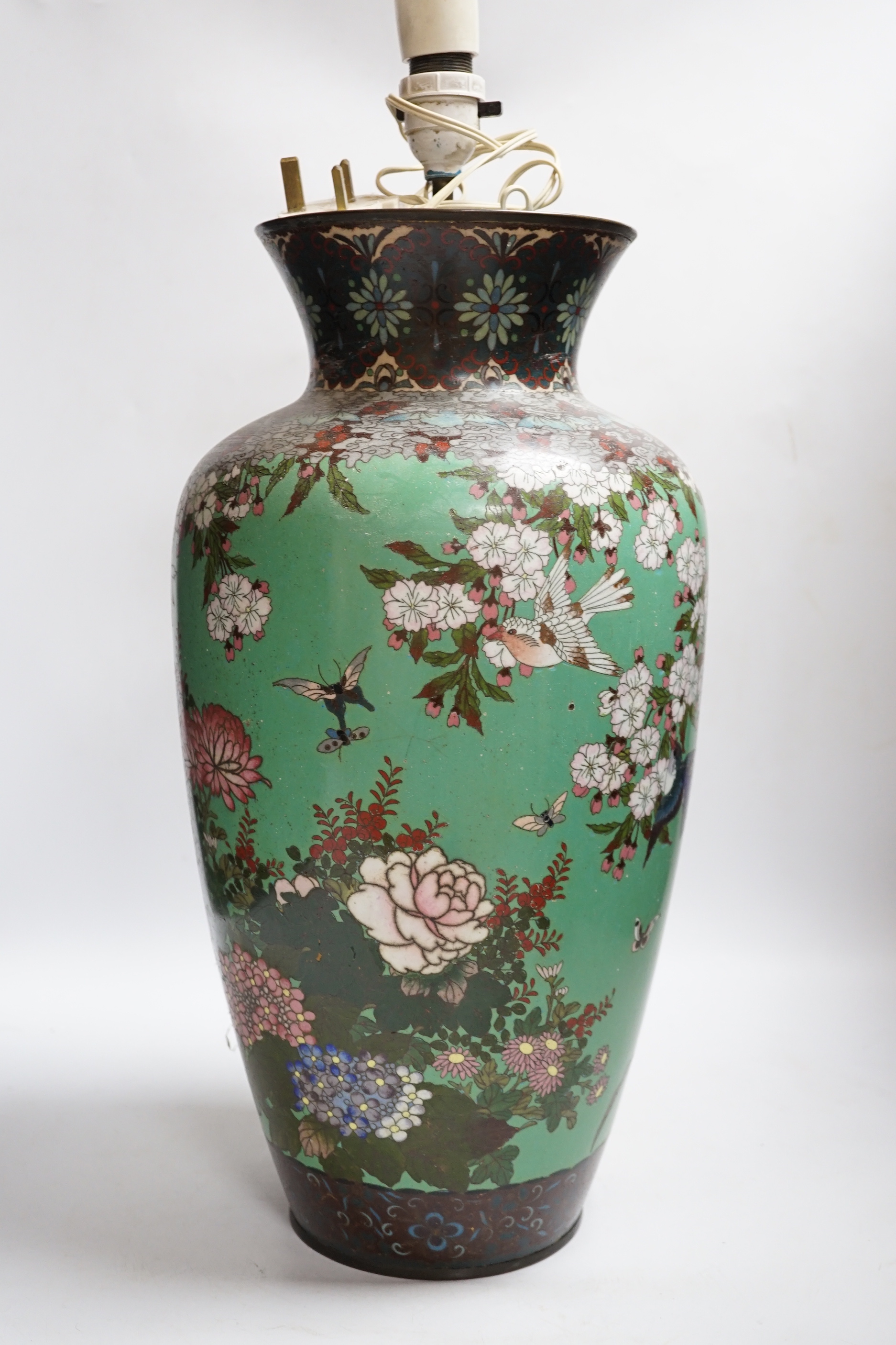 A large Japanese cloisonné enamel vase, Meiji period, mounted as a lamp, 45cm to vase rim